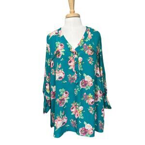 Justify Woman's Popover Top Blouse Tunic Size 2X Teal Floral Roll Tab Sleeve